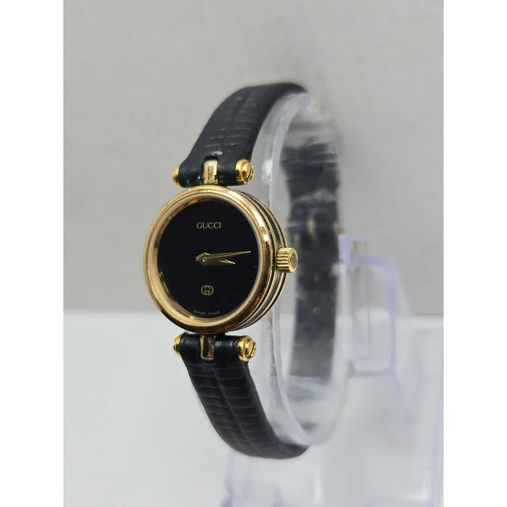 Vintage Gucci Womens Stack Gold Plated Black Dial Quartz Swiss Watch New Battery